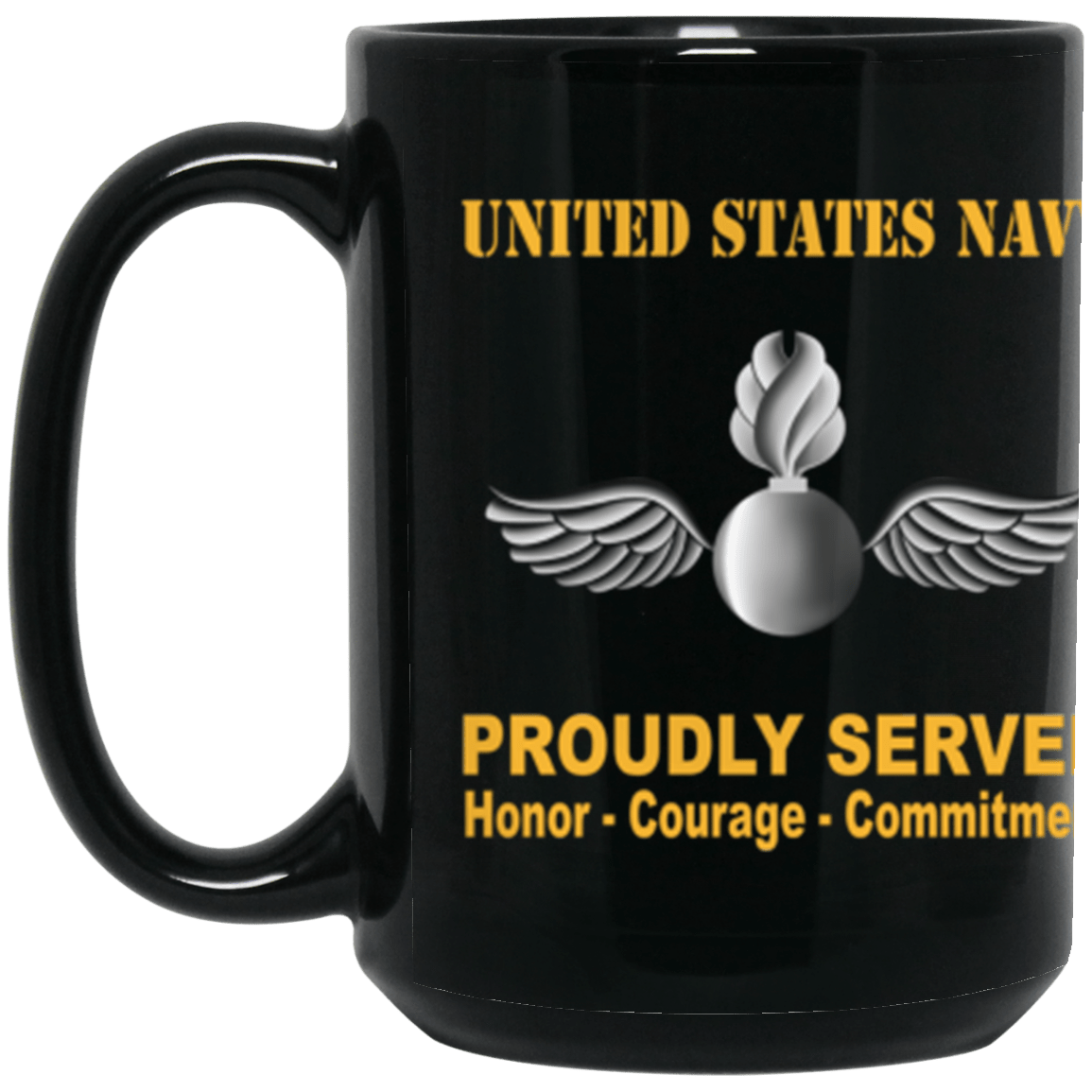 US Navy Navy Aviation Ordnanceman Navy AO Proudly Served Core Values 15 oz. Black Mug-Drinkware-Veterans Nation