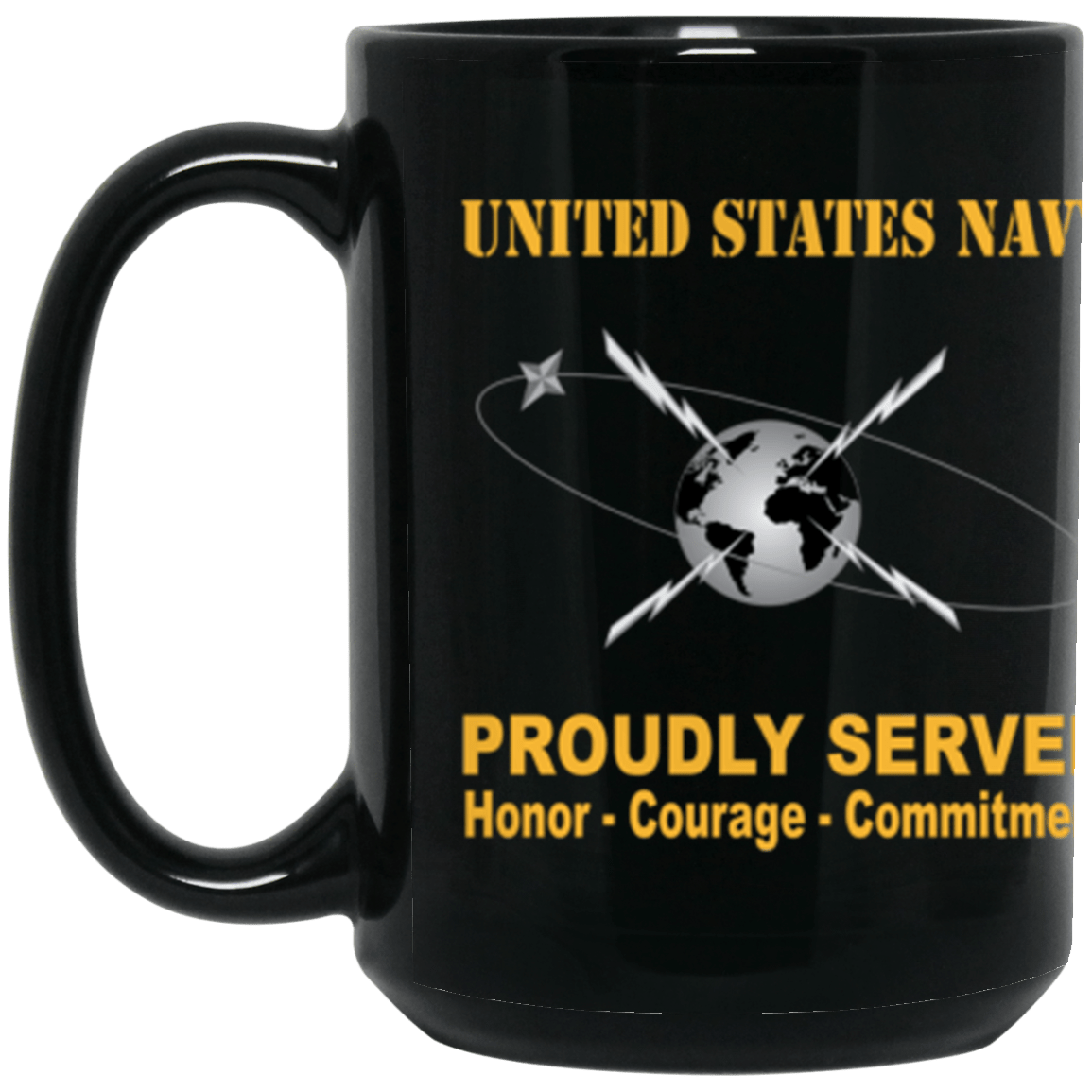 US Navy Navy Mass Communications Specialist Navy MC Proudly Served Core Values 15 oz. Black Mug-Drinkware-Veterans Nation