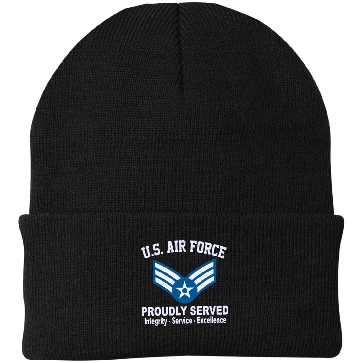 US Air Force E-4 Senior Airman SrA E4 Enlisted Airman Core Values Embroidered Port Authority Knit Cap-Hat-USAF-Ranks-Veterans Nation