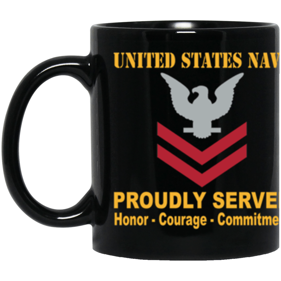 US Navy E-5 Petty Officer Second Class E5 PO2 Collar Device Proudly Served Core Values 11 oz. Black Mug-Drinkware-Veterans Nation