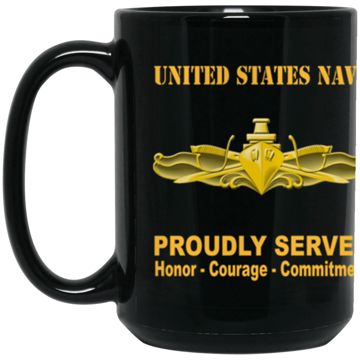 US Navy Surface Warfare Officer Badge Proudly Served Core Values 15 oz. Black Mug-Drinkware-Veterans Nation