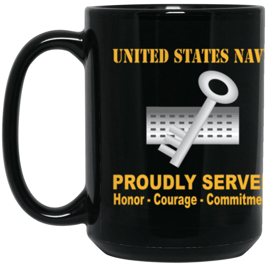 US Navy Navy Disbursing Clerk Navy DK Proudly Served Core Values 15 oz. Black Mug-Drinkware-Veterans Nation