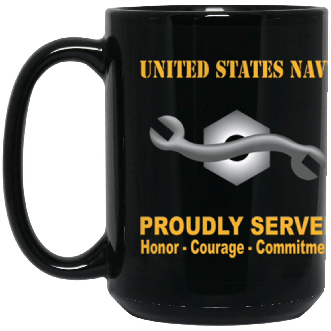US Navy Navy Construction Mechanic Navy CM Proudly Served Core Values 15 oz. Black Mug-Drinkware-Veterans Nation