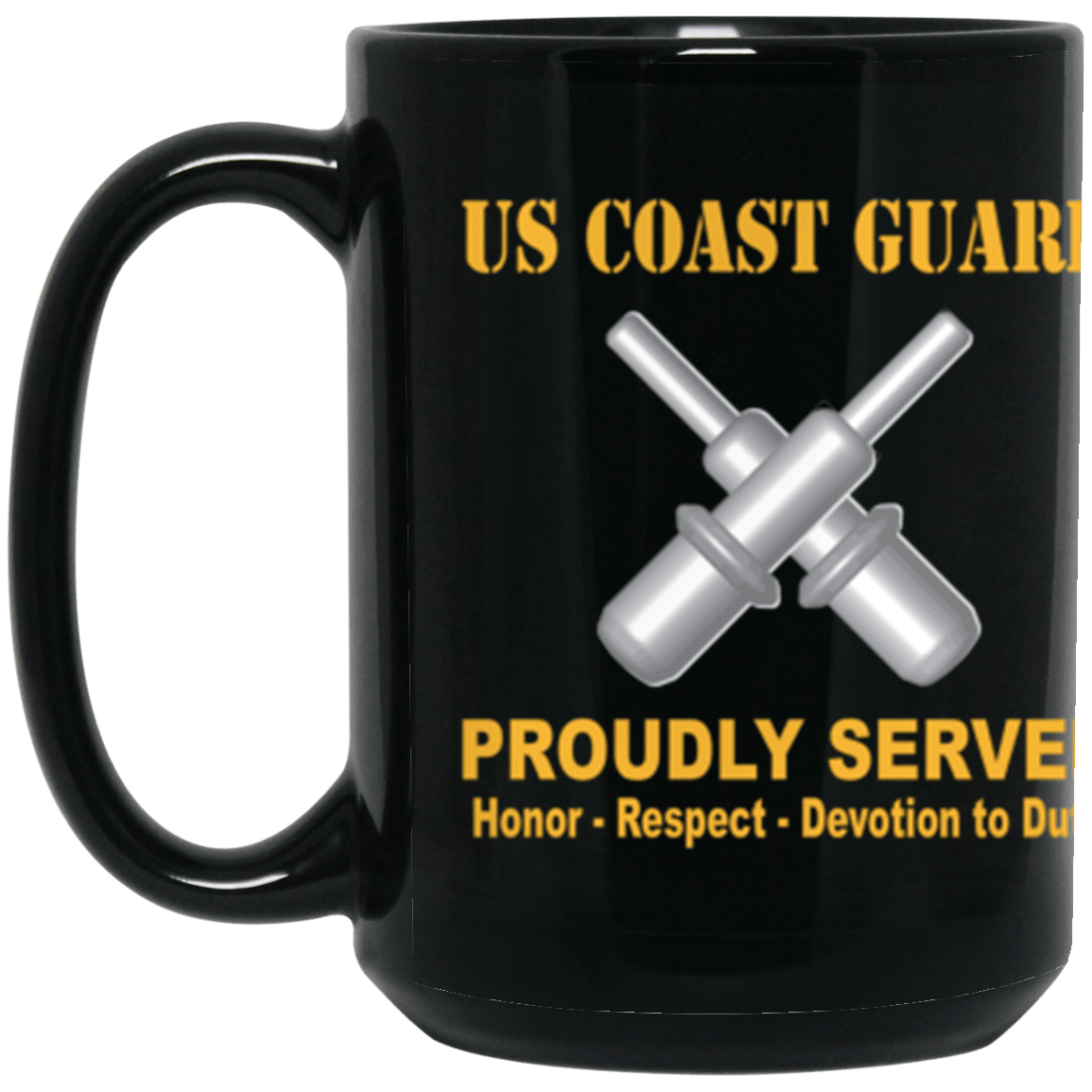 USCG Gunner's Mate GM Logo Proudly Served Core Values 15 oz. Black Mug-Drinkware-Veterans Nation