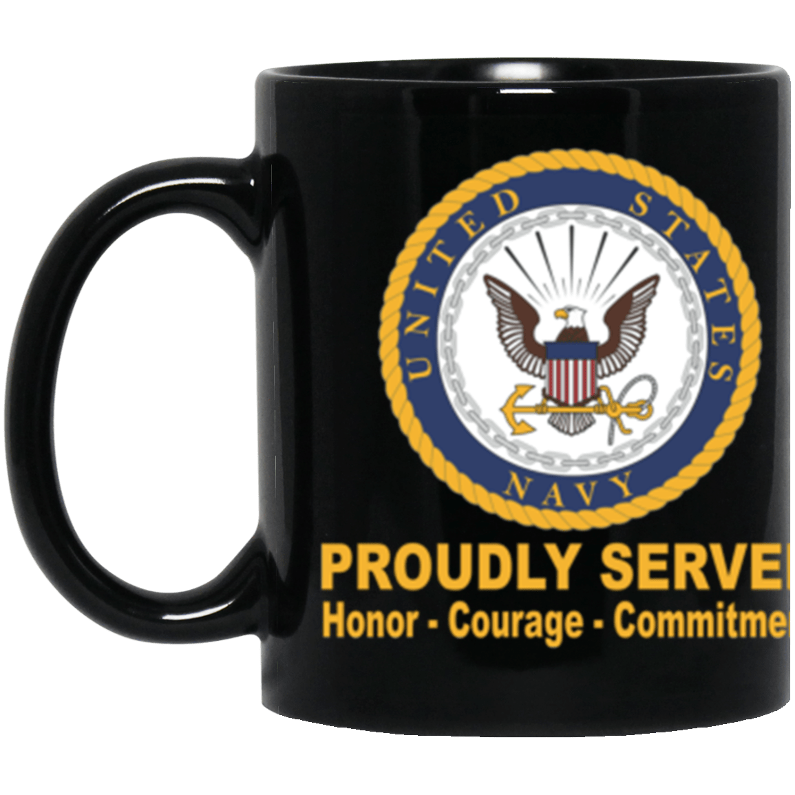 US Navy Logo Proudly Served Core Values 11 oz. Black Mug-Drinkware-Veterans Nation
