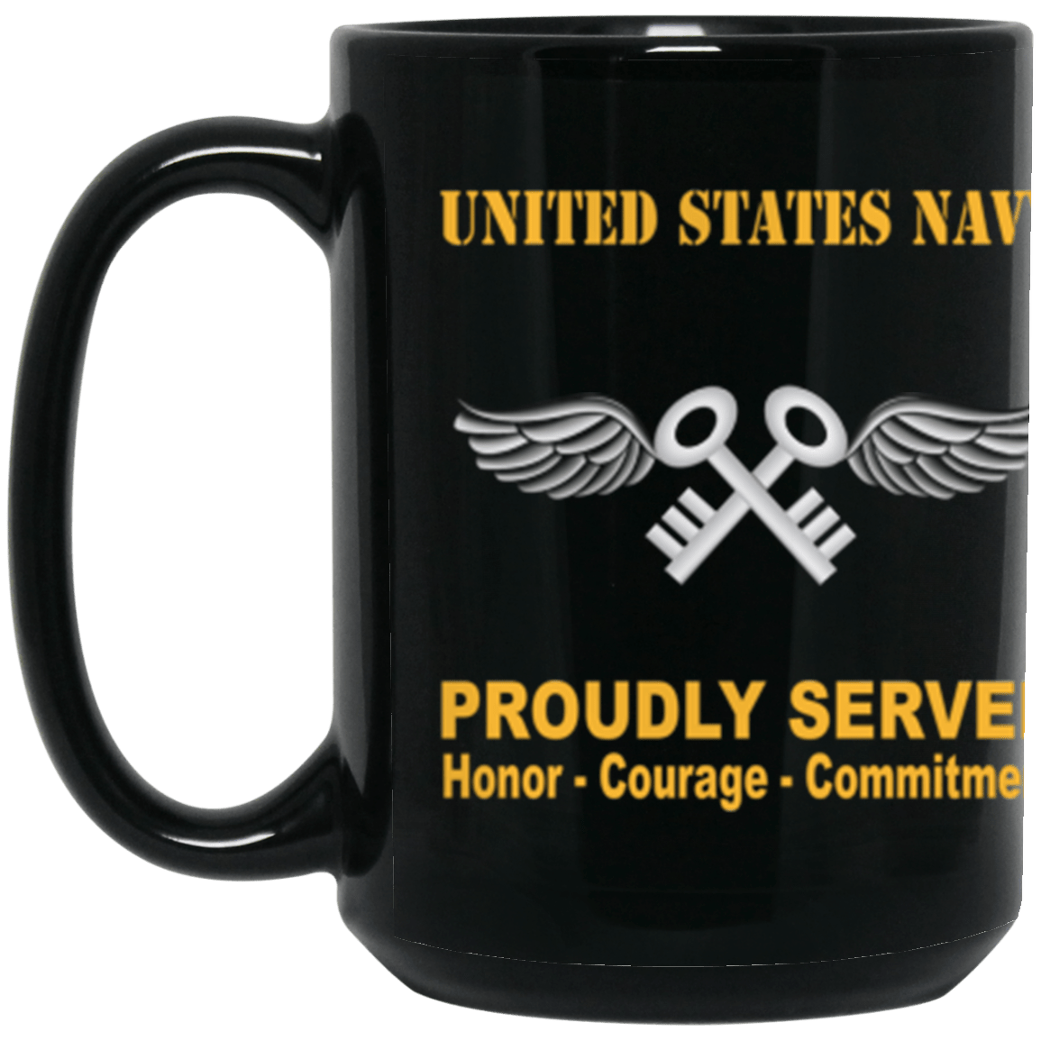 US Navy Navy Aviation Storekeeper Navy AK Proudly Served Core Values 15 oz. Black Mug-Drinkware-Veterans Nation