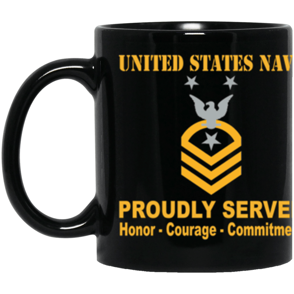 US Navy E-9 Command Master Chief Petty Officer E9 CMDCM Collar Device Proudly Served Core Values 11 oz. Black Mug-Drinkware-Veterans Nation