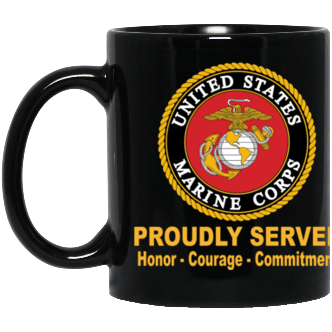 US Marine Corps Logo Proudly Served Core Values 11 oz. Black Mug-Drinkware-Veterans Nation