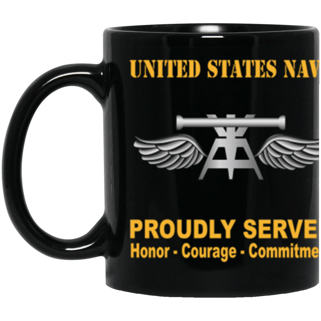 US Navy Navy Aviation Fire Control Tech Navy AQ Proudly Served Core Values 11 oz. Black Mug-Drinkware-Veterans Nation