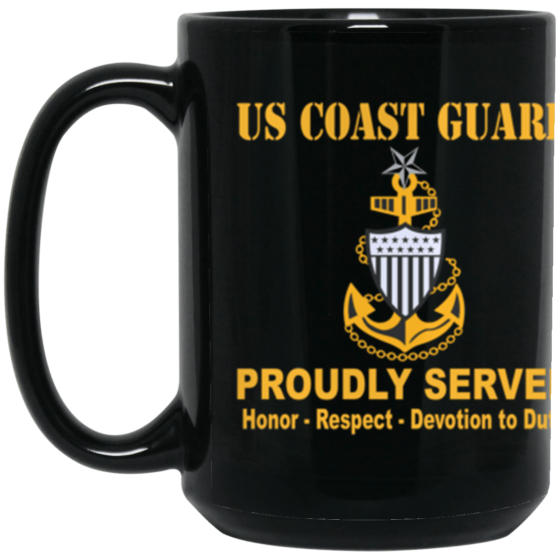 US Coast Guard E-8 Senior Chief Petty Officer E8 SCPO Chief Petty Officer Cap Device Proudly Served Core Values 15 oz. Black Mug-Drinkware-Veterans Nation