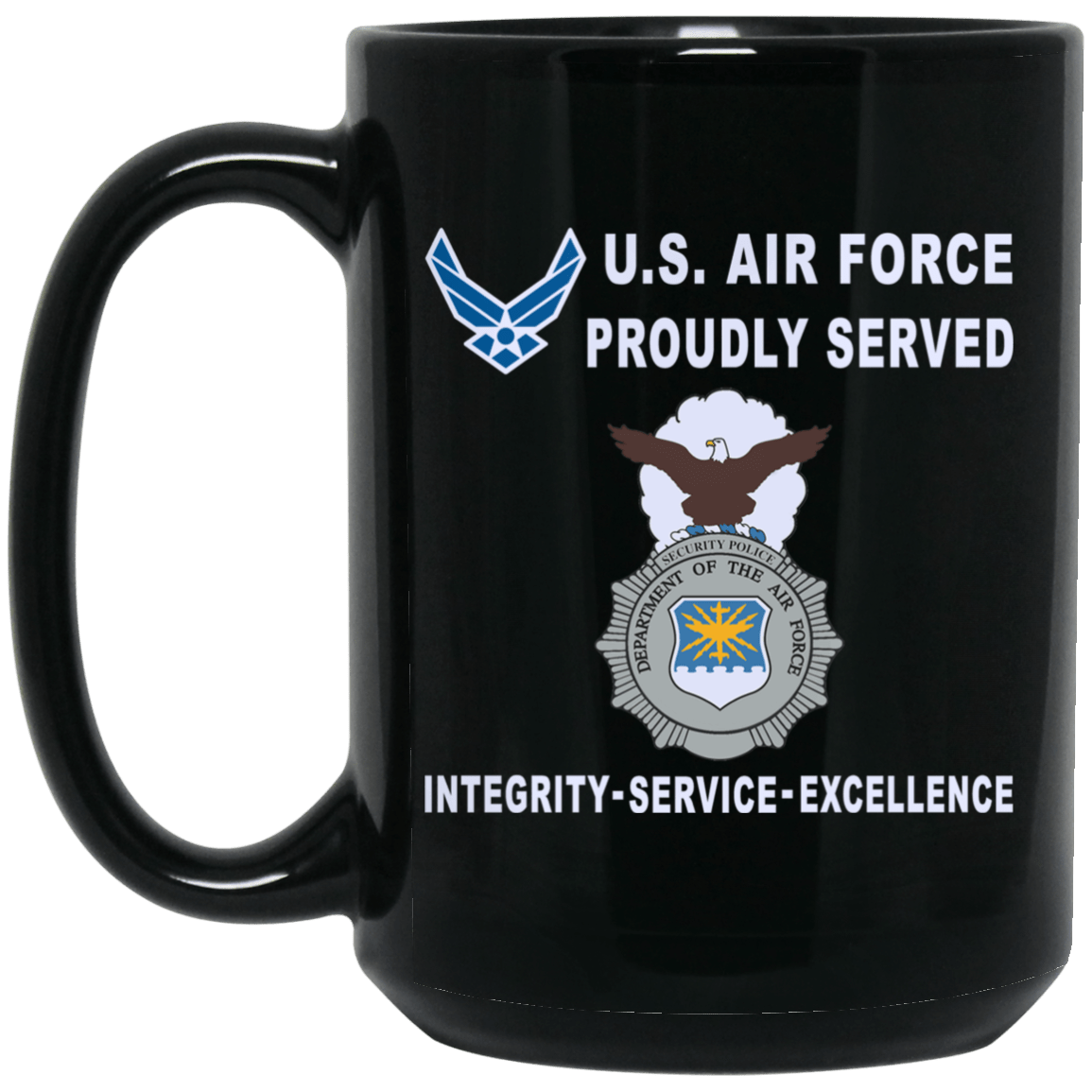 US Air Force Security Police Proudly Served-D04 11 oz - 15 oz Black Mug-Mug-USAF-Shield-Veterans Nation