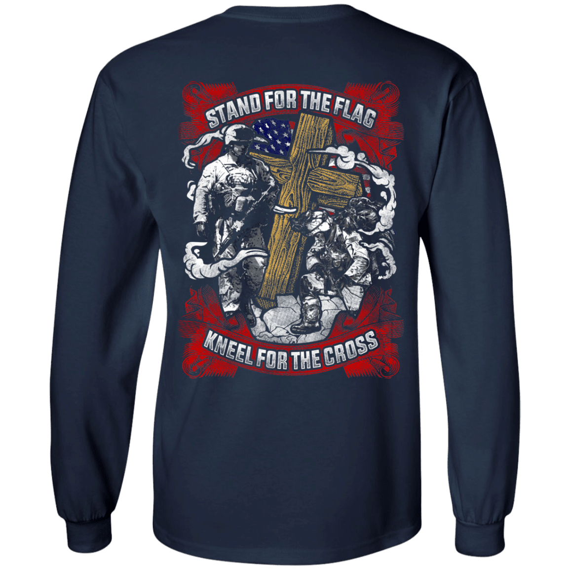 Military T-Shirt "Stand For the Flag Kneel For The Cross" Men Back-TShirt-General-Veterans Nation