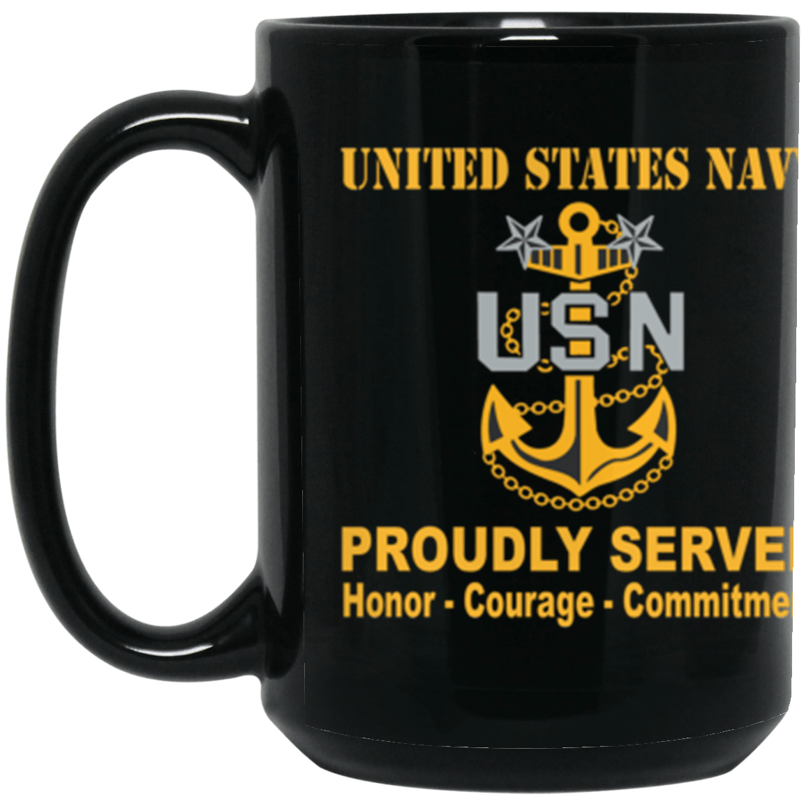 US Navy E-9 Master Chief Petty Officer E9 MCPO Collar Device Proudly Served Core Values 15 oz. Black Mug-Drinkware-Veterans Nation