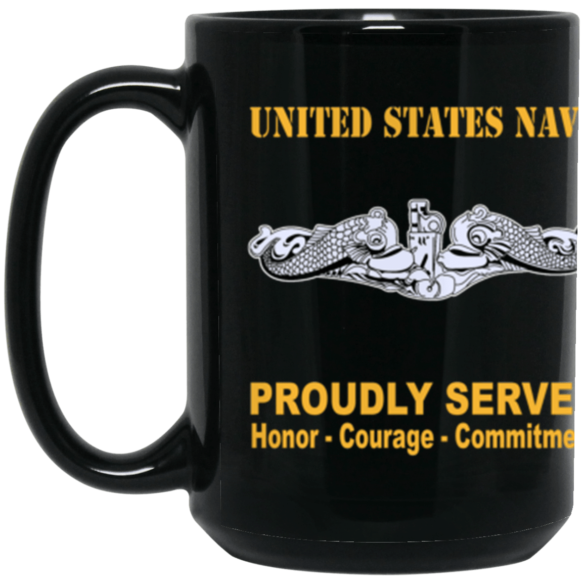 US Navy Submarine Warfare Officer Enlisted Badge Proudly Served Core Values 15 oz. Black Mug-Drinkware-Veterans Nation