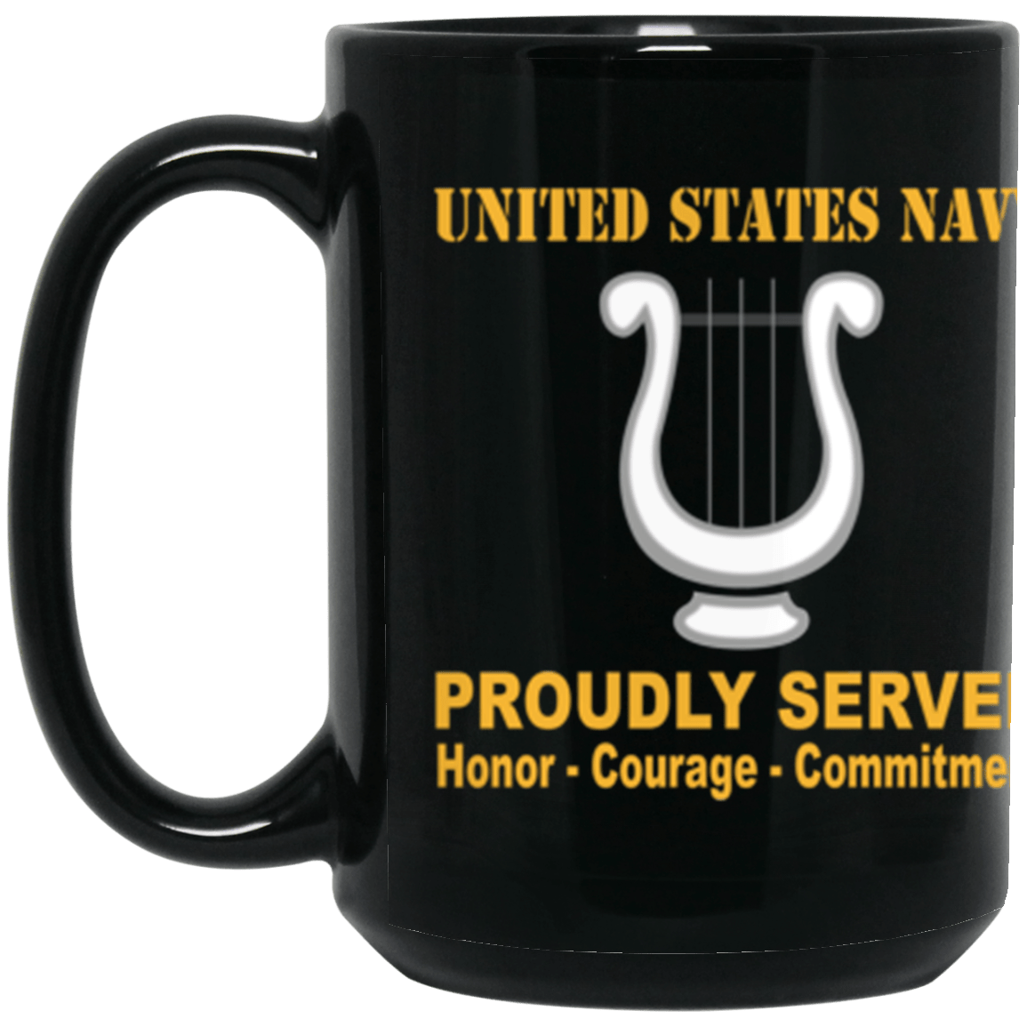 US Navy Navy Musician Navy MU Proudly Served Core Values 15 oz. Black Mug-Drinkware-Veterans Nation