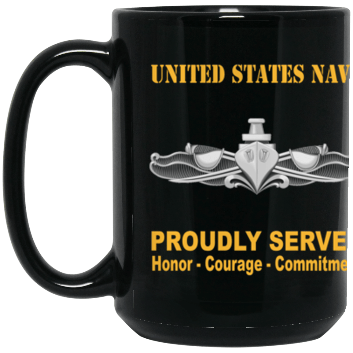 US Navy Surface Warfare Enlisted Badge Proudly Served Core Values 15 oz. Black Mug-Drinkware-Veterans Nation