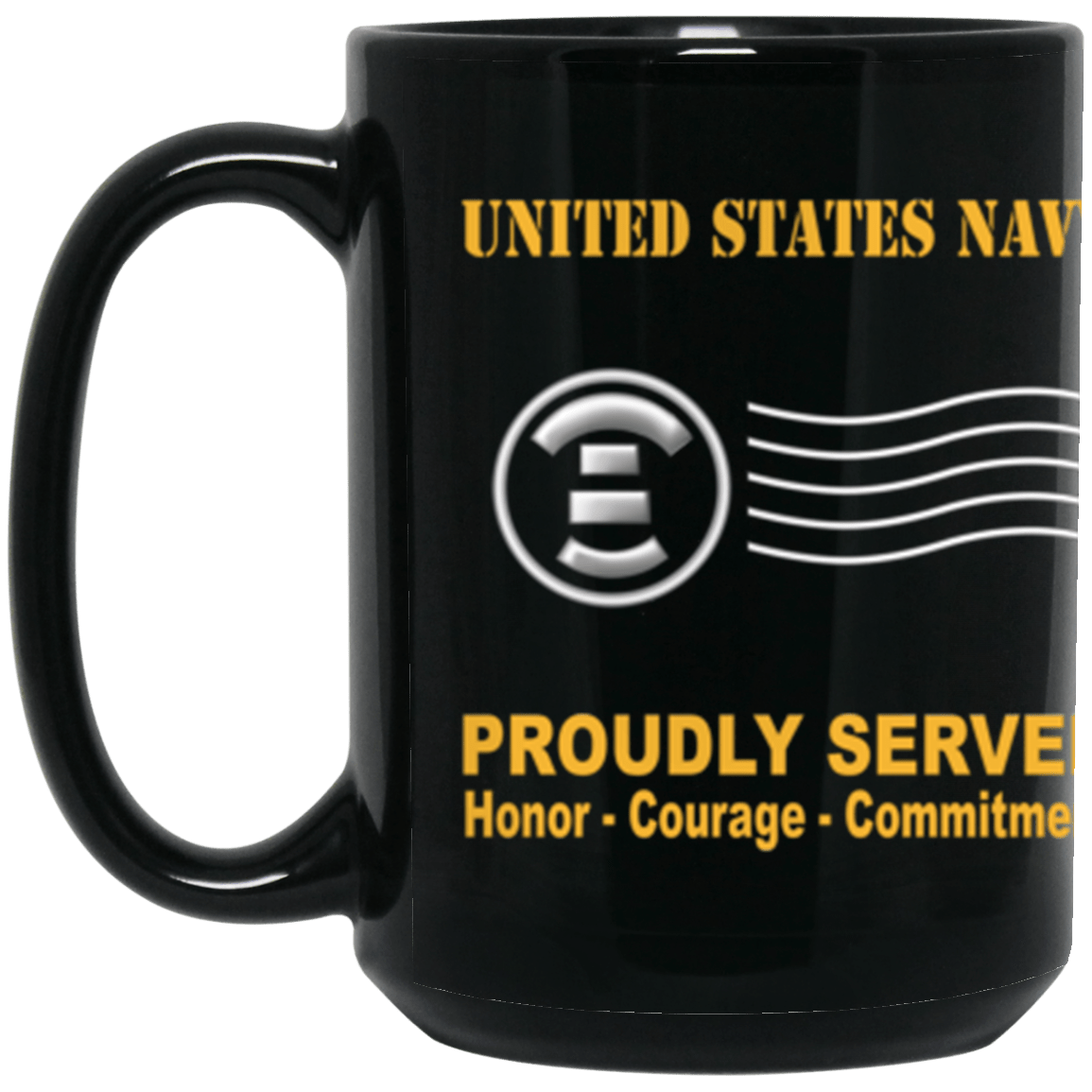 US Navy Navy Postal Clerk Navy PC Proudly Served Core Values 15 oz. Black Mug-Drinkware-Veterans Nation