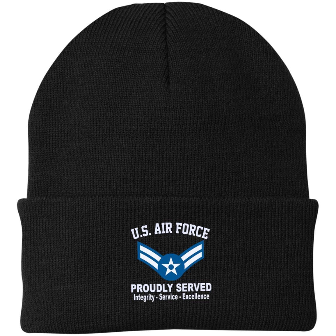 US Air Force E-3 Airman First Class A1C E3 Enlisted Airman Core Values Embroidered Port Authority Knit Cap-Hat-USAF-Ranks-Veterans Nation
