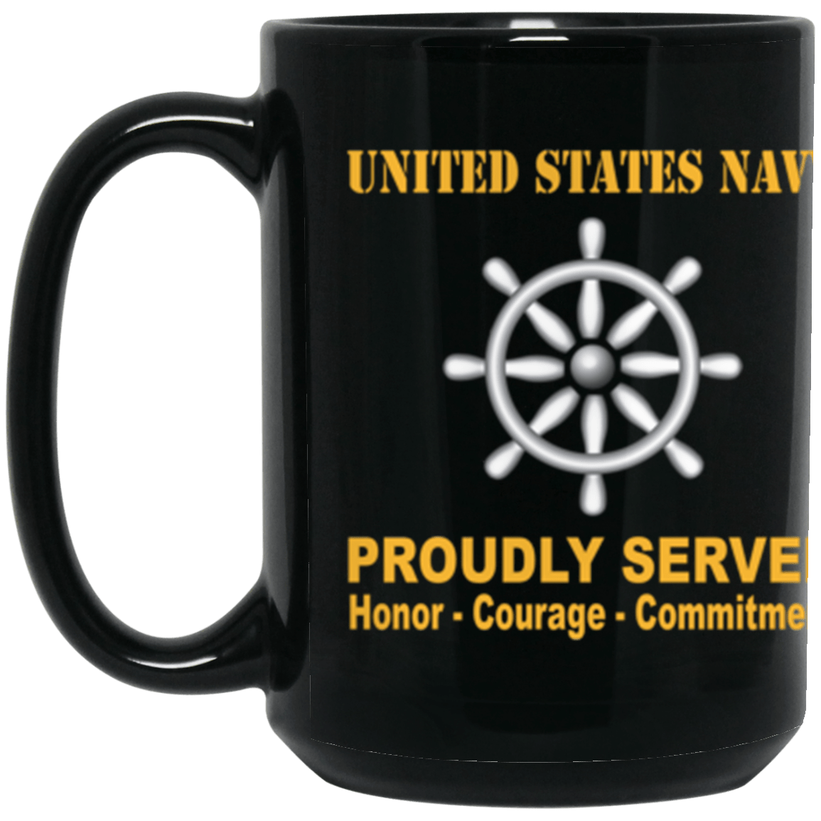 US Navy Navy Quartermaster Navy QM Proudly Served Core Values 15 oz. Black Mug-Drinkware-Veterans Nation
