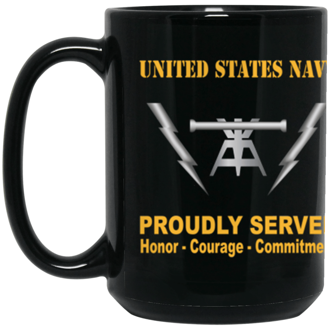 US Navy Navy Fire Controlman Navy FC Proudly Served Core Values 15 oz. Black Mug-Drinkware-Veterans Nation
