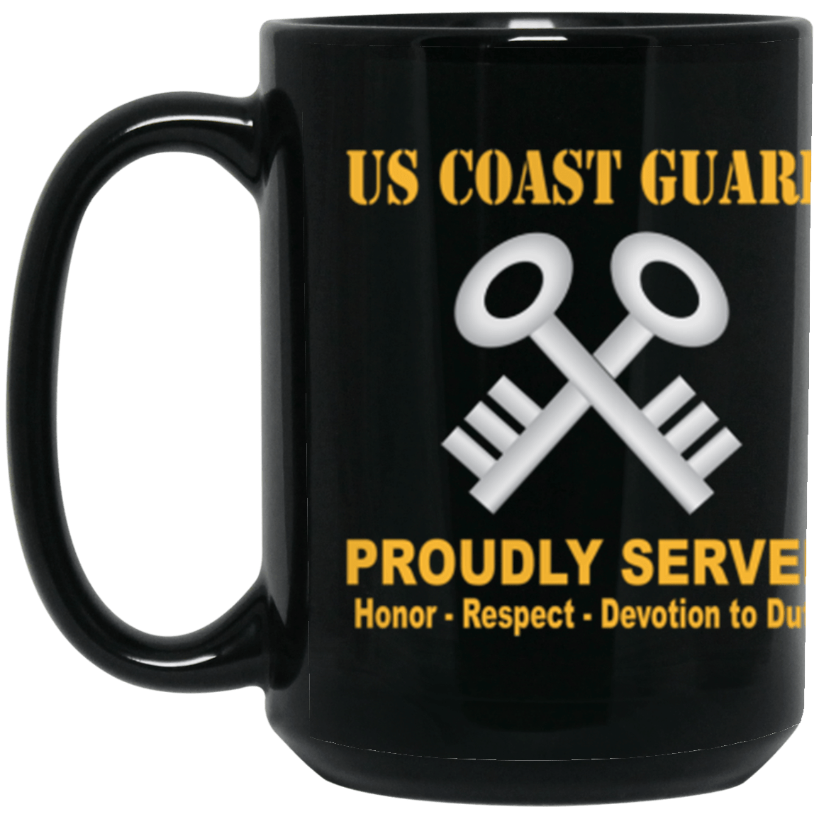 USCG Storekeeper SK Logo Proudly Served Core Values 15 oz. Black Mug-Drinkware-Veterans Nation