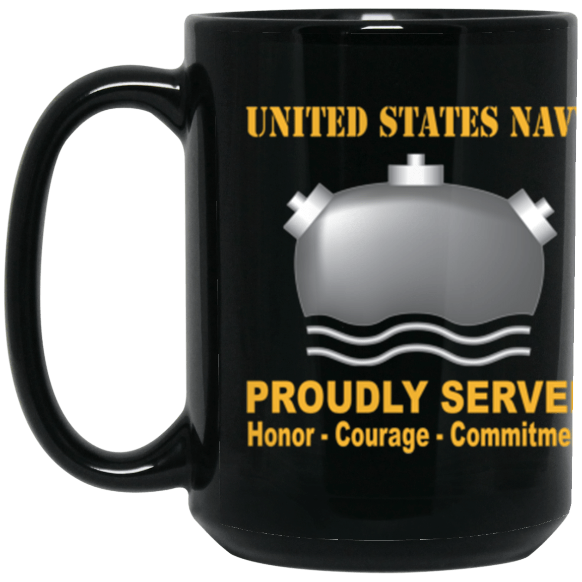 US Navy Navy Mineman Navy MN Proudly Served Core Values 15 oz. Black Mug-Drinkware-Veterans Nation