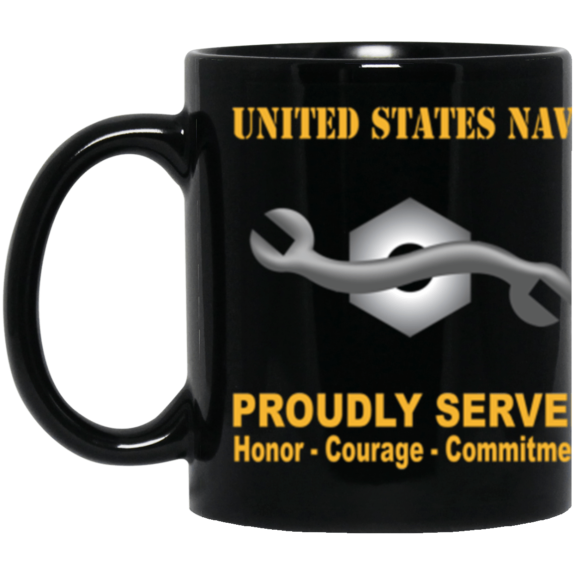 US Navy Navy Construction Mechanic Navy CM Proudly Served Core Values 11 oz. Black Mug-Drinkware-Veterans Nation