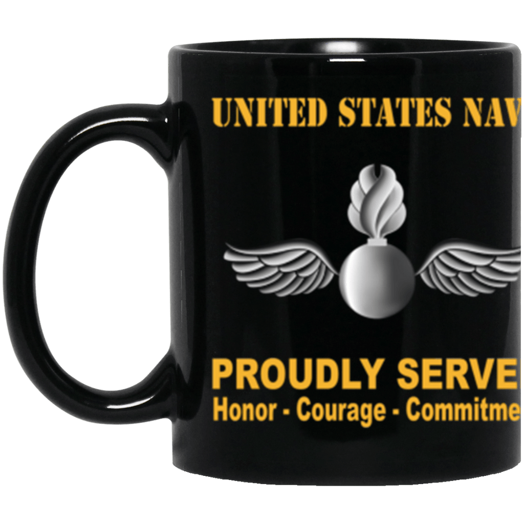 US Navy Navy Aviation Ordnanceman Navy AO Proudly Served Core Values 11 oz. Black Mug-Drinkware-Veterans Nation