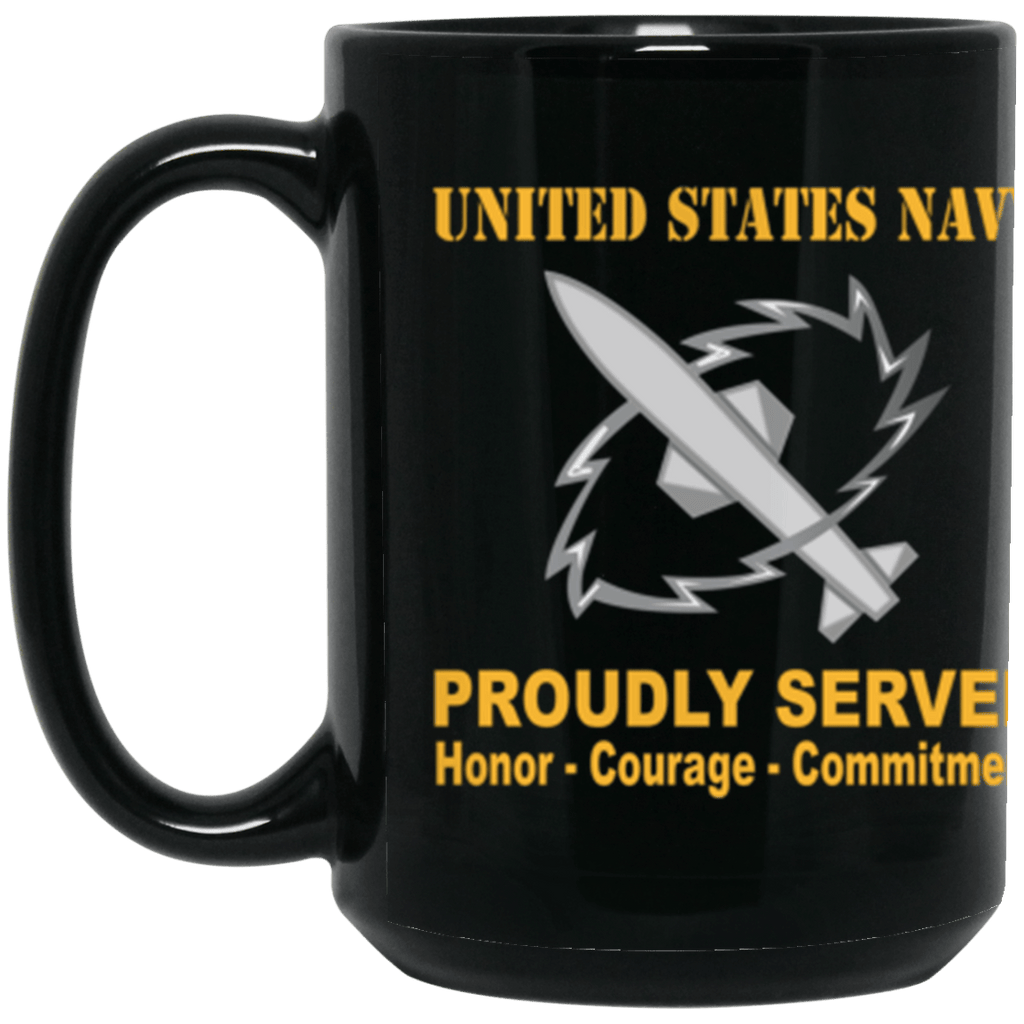 US Navy Navy Missile Technician Navy MT Proudly Served Core Values 15 oz. Black Mug-Drinkware-Veterans Nation