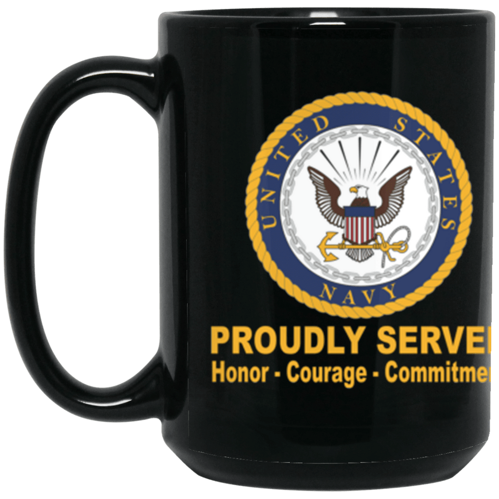 US Navy Logo Proudly Served Core Values 15 oz. Black Mug-Drinkware-Veterans Nation