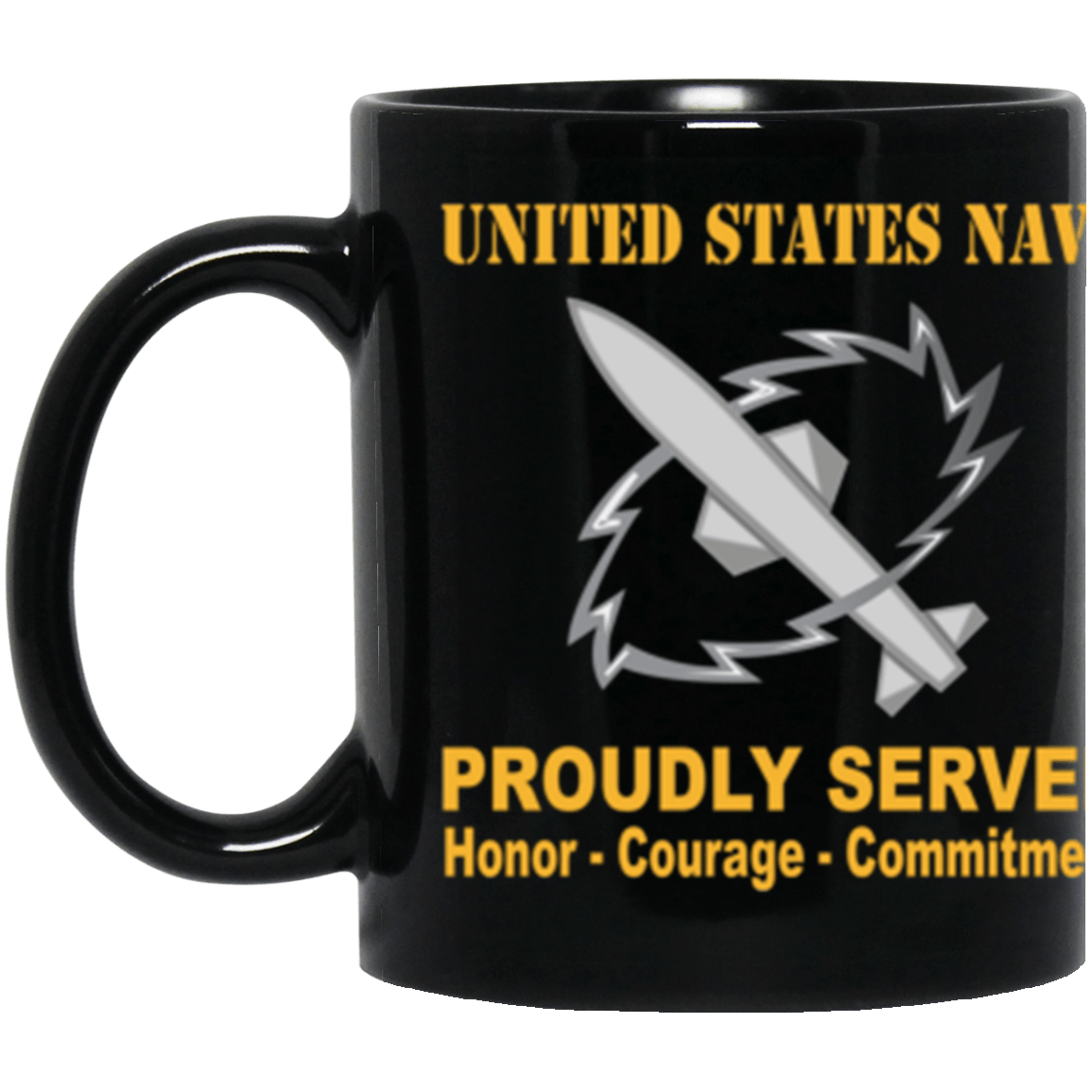 US Navy Navy Missile Technician Navy MT Proudly Served Core Values 11 oz. Black Mug-Drinkware-Veterans Nation