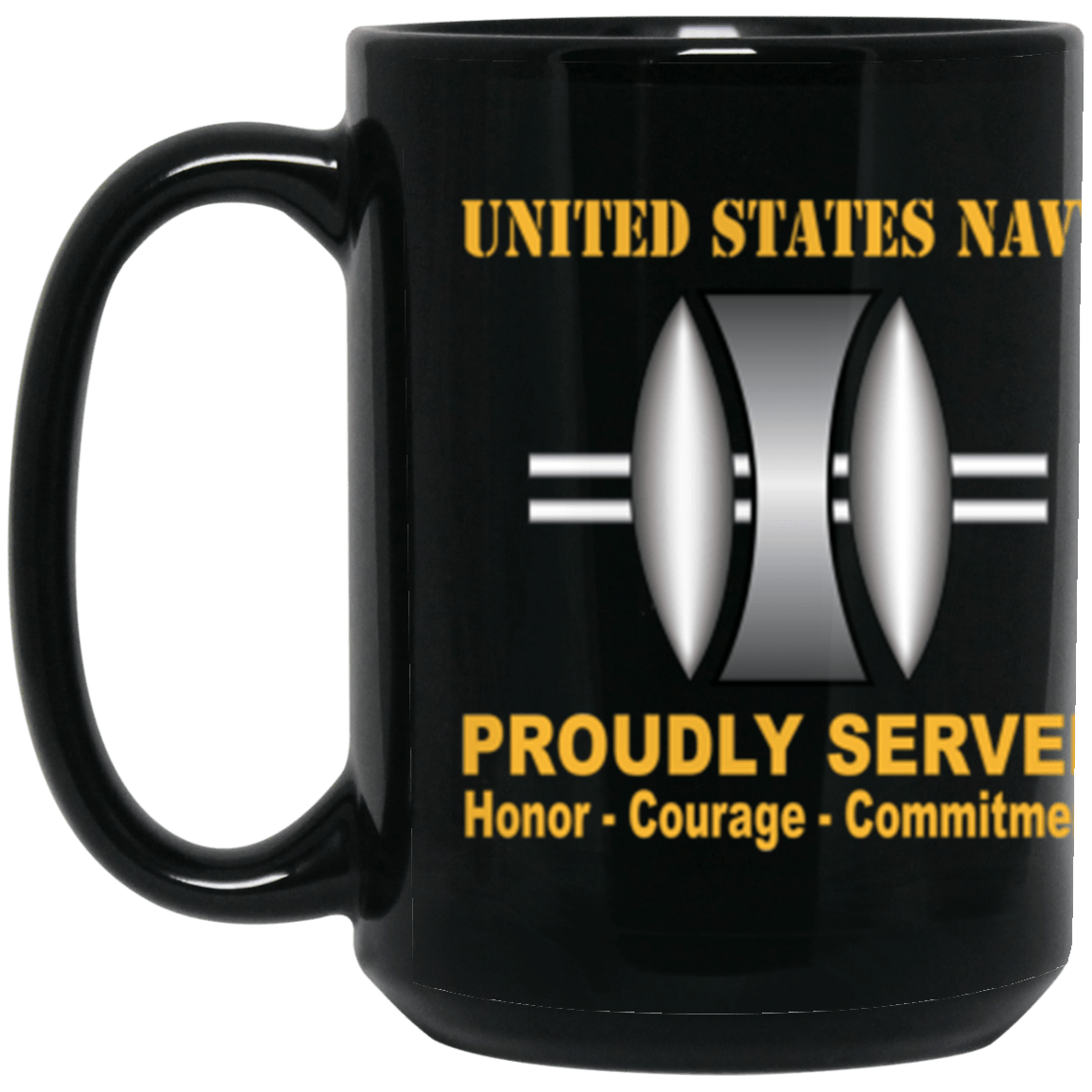 US Navy Navy Opticalman Navy OM Proudly Served Core Values 15 oz. Black Mug-Drinkware-Veterans Nation