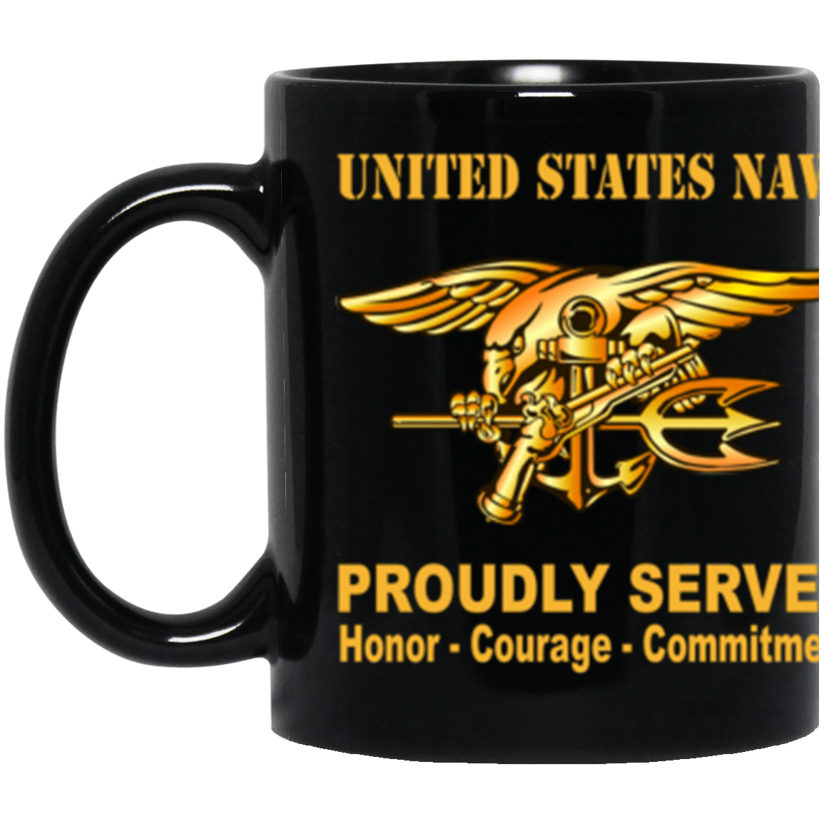 US Navy Naval Special Warfare (Seal) Badge Proudly Served Core Values 11 oz. Black Mug-Drinkware-Veterans Nation