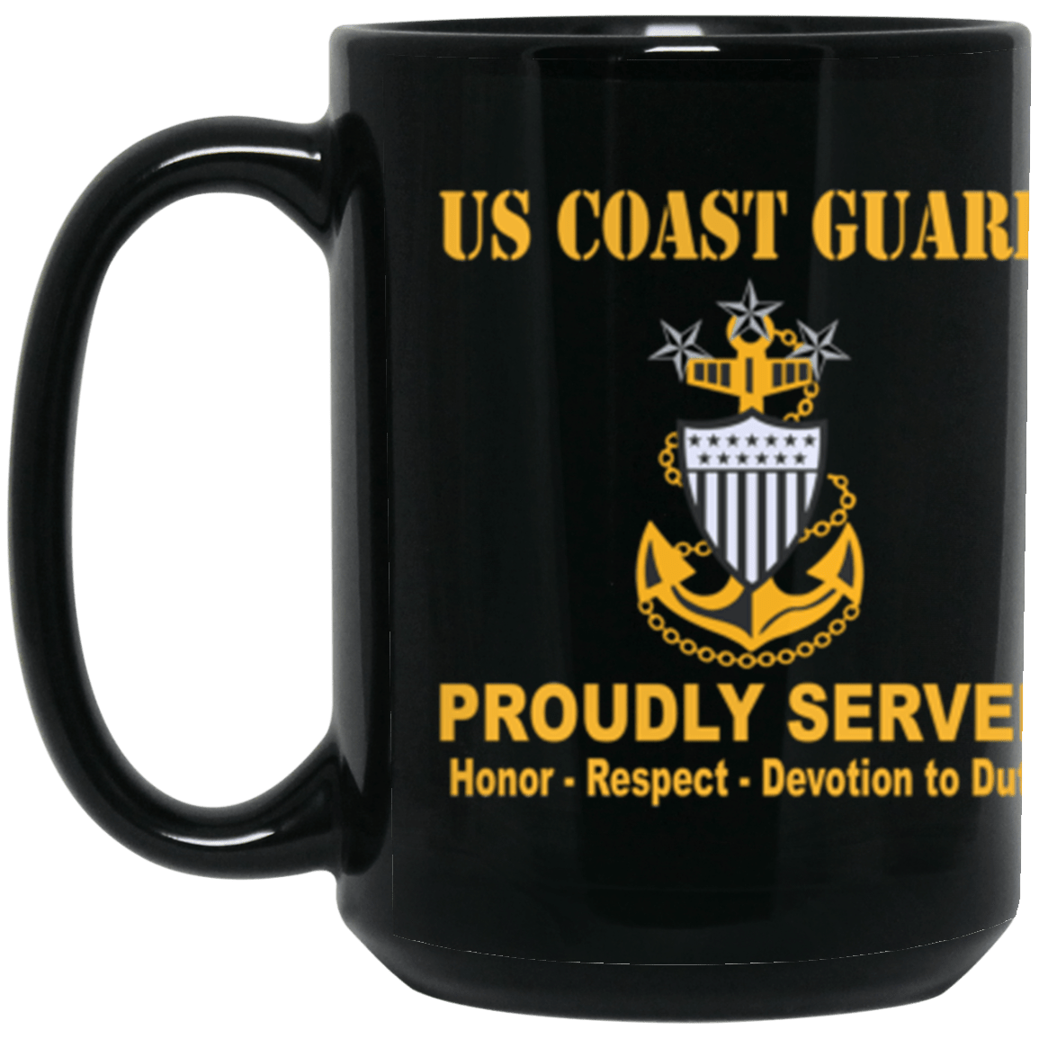 US Coast Guard E-9 Master Chief Petty Officer Of The Coast Guard E9 MCPOC Senior Enlisted Advisor Collar Device Proudly Served Core Values 15 oz. Black Mug-Drinkware-Veterans Nation