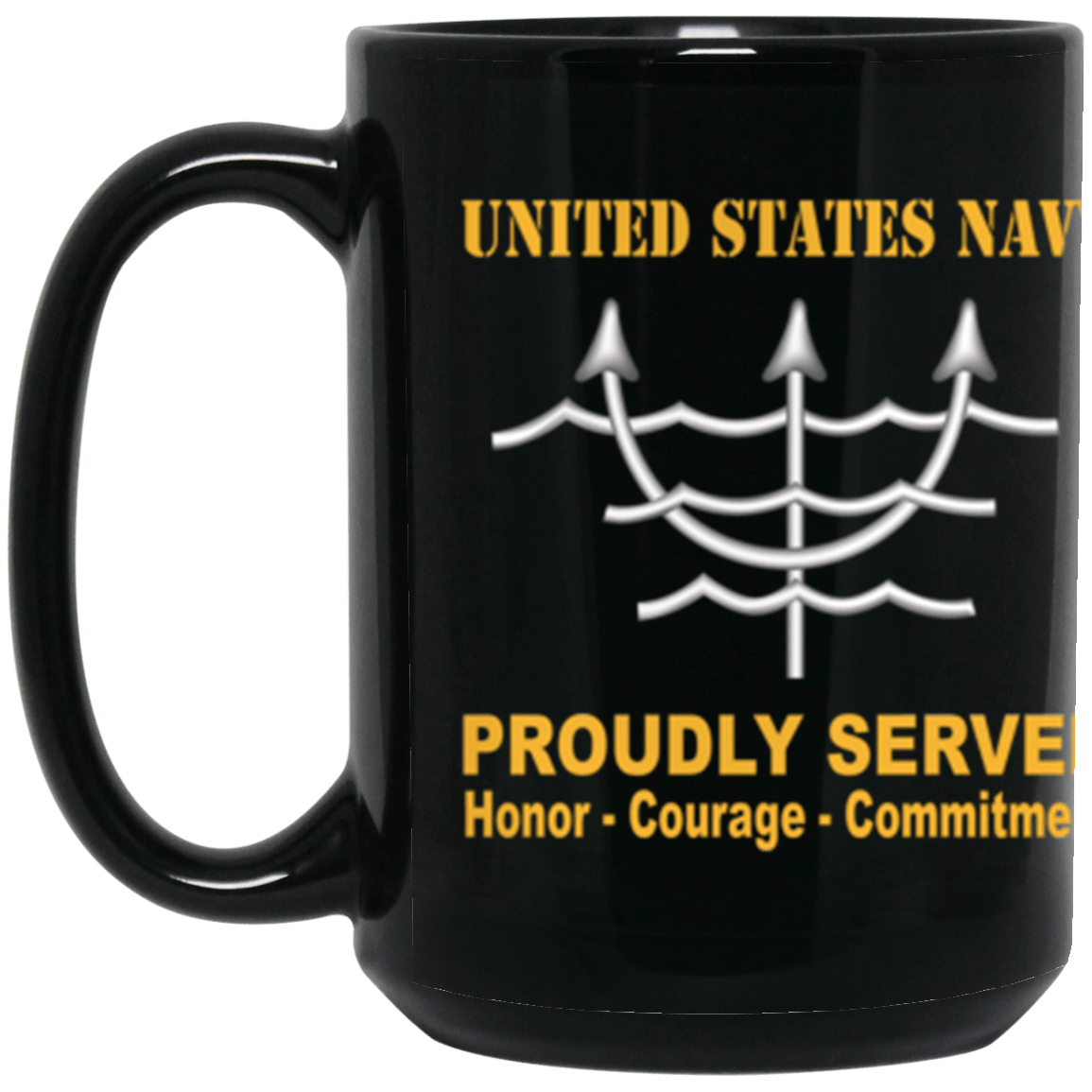 US Navy Navy Ocean Systems Technician Navy OT Proudly Served Core Values 15 oz. Black Mug-Drinkware-Veterans Nation