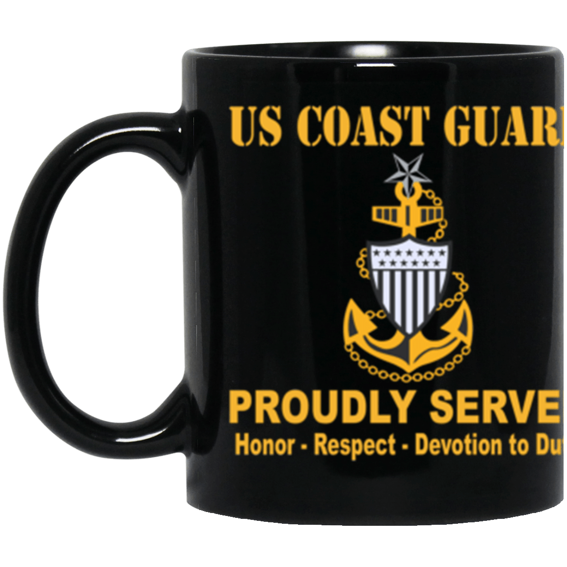 US Coast Guard E-8 Senior Chief Petty Officer E8 SCPO Chief Petty Officer Cap Device Proudly Served Core Values 11 oz. Black Mug-Drinkware-Veterans Nation