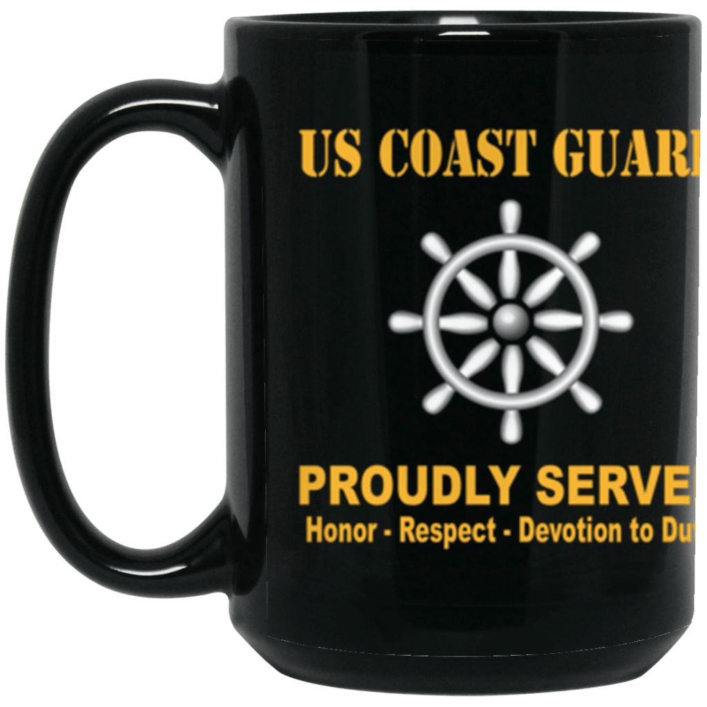 USCG Quartermaster QM Logo Proudly Served Core Values 15 oz. Black Mug-Drinkware-Veterans Nation