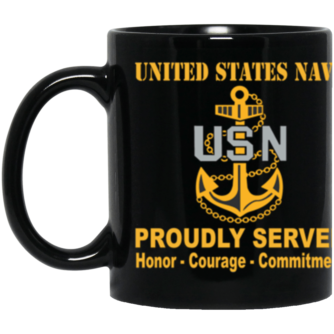 US Navy E-7 Chief Petty Officer E7 CPO Senior Noncommissioned Officer Collar Device Proudly Served Core Values 11 oz. Black Mug-Drinkware-Veterans Nation