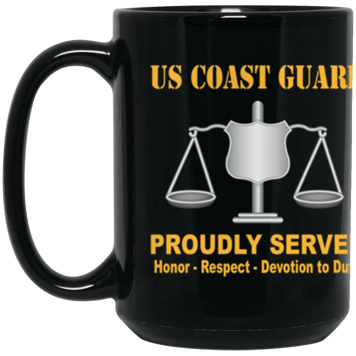 USCG USCG INVESTIGATOR IV Logo Proudly Served Core Values 15 oz. Black Mug-Drinkware-Veterans Nation