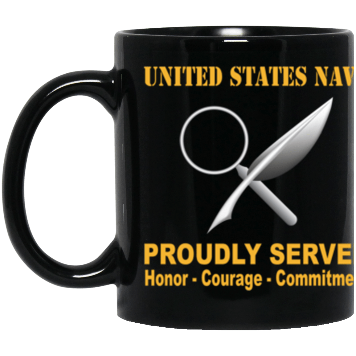 US Navy Navy Intelligence Specialist Navy IS Proudly Served Core Values 11 oz. Black Mug-Drinkware-Veterans Nation
