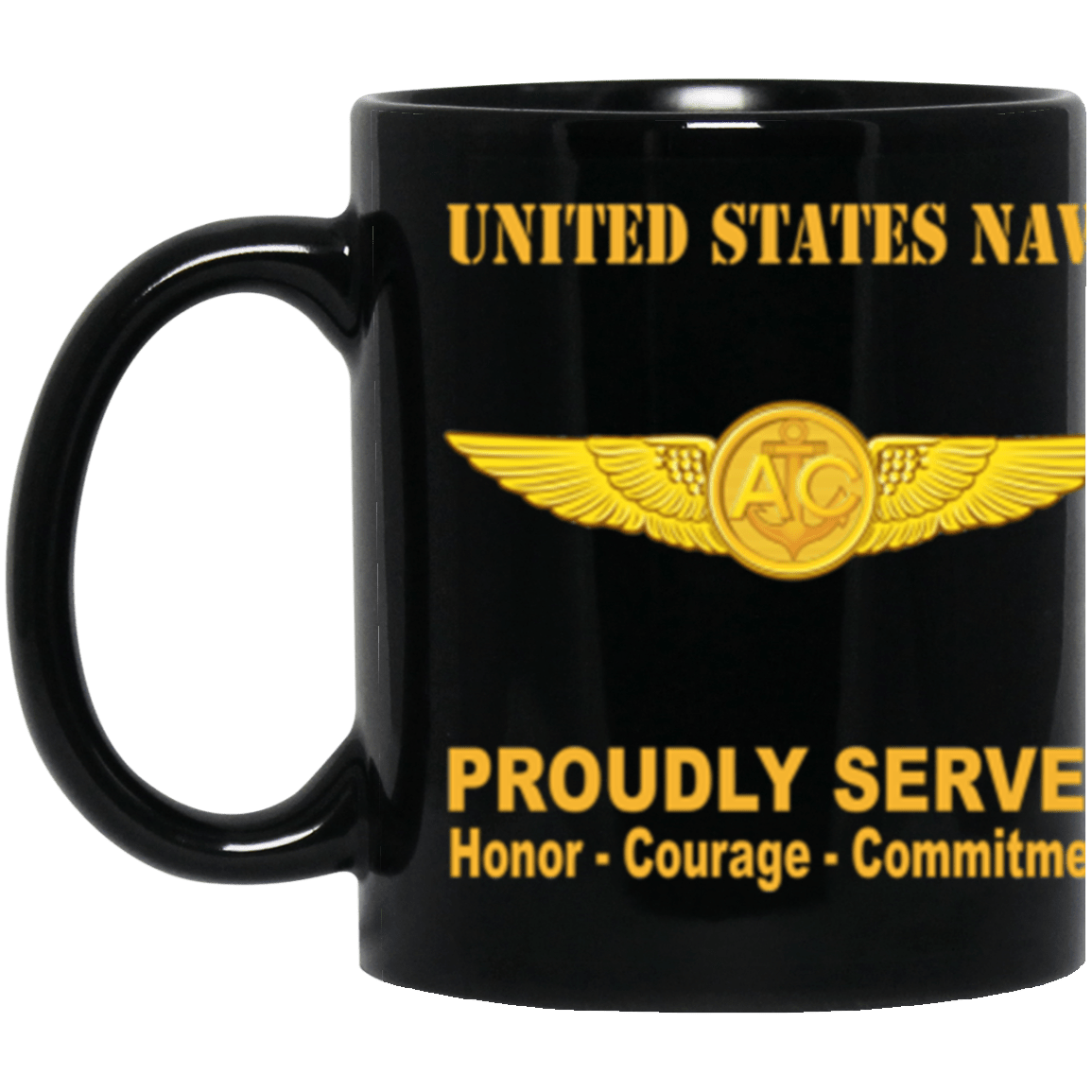 US Navy Naval Aircrew Warfare Specialist Badge Proudly Served Core Values 11 oz. Black Mug-Drinkware-Veterans Nation
