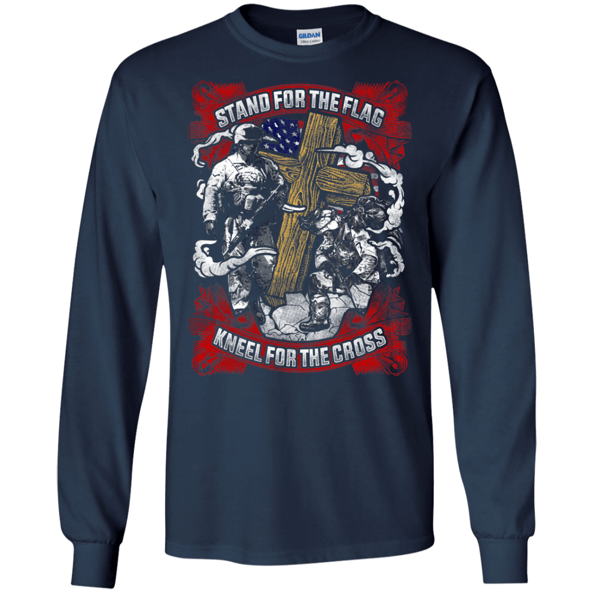 Military T-Shirt "Stand For the Flag Kneel For The Cross Men" Front-TShirt-General-Veterans Nation