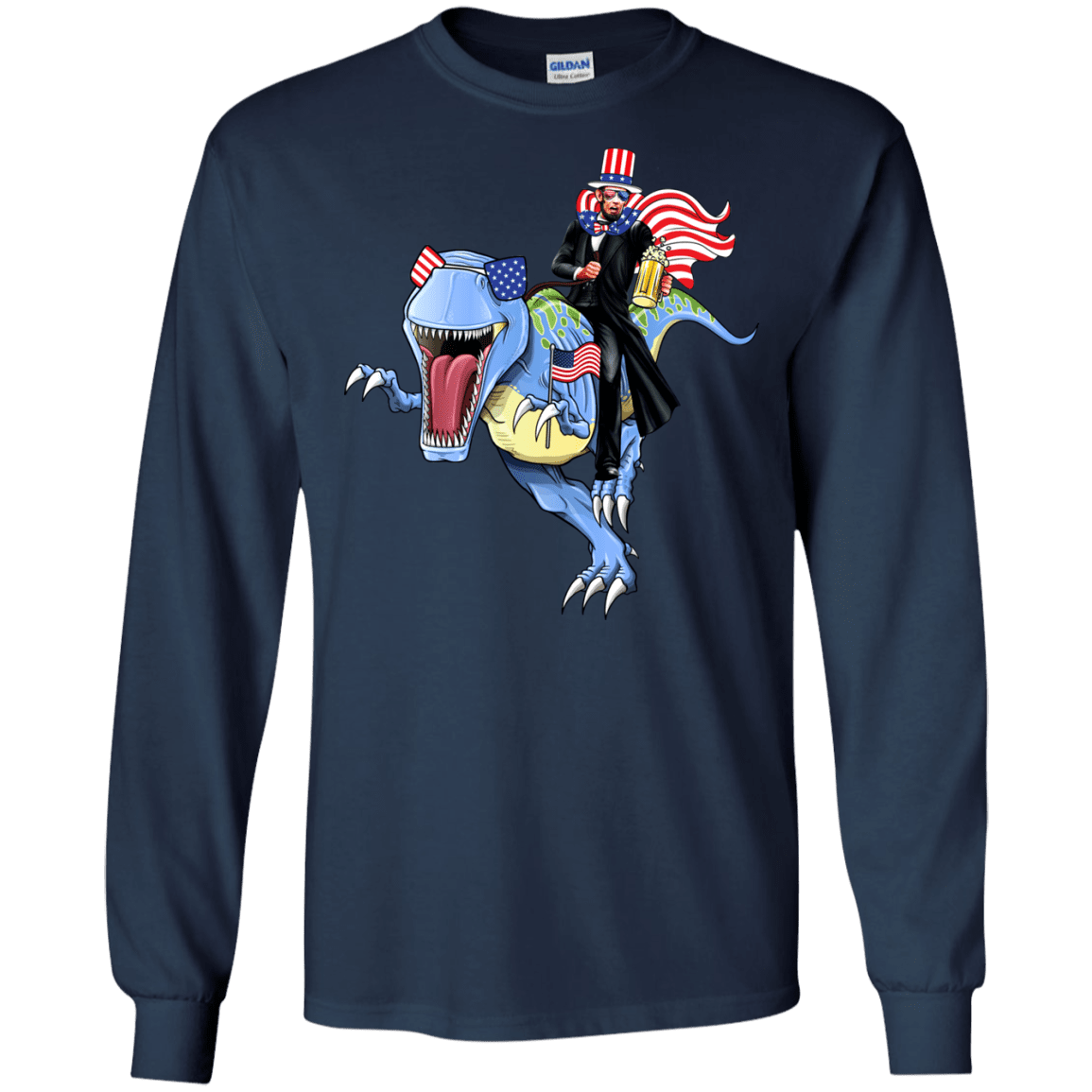Military T-Shirt "Lincoln Dinosaur Beer Merica Flag" Front-TShirt-General-Veterans Nation