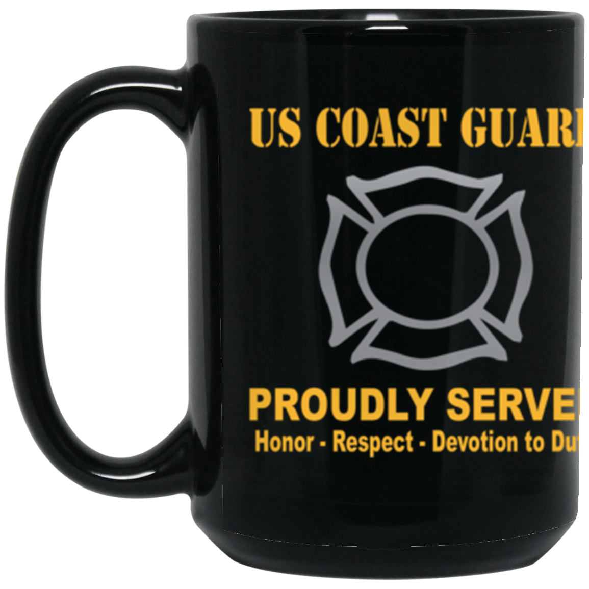 USCG Fire and Safety Specialist FF Logo Proudly Served Core Values 15 oz. Black Mug-Drinkware-Veterans Nation