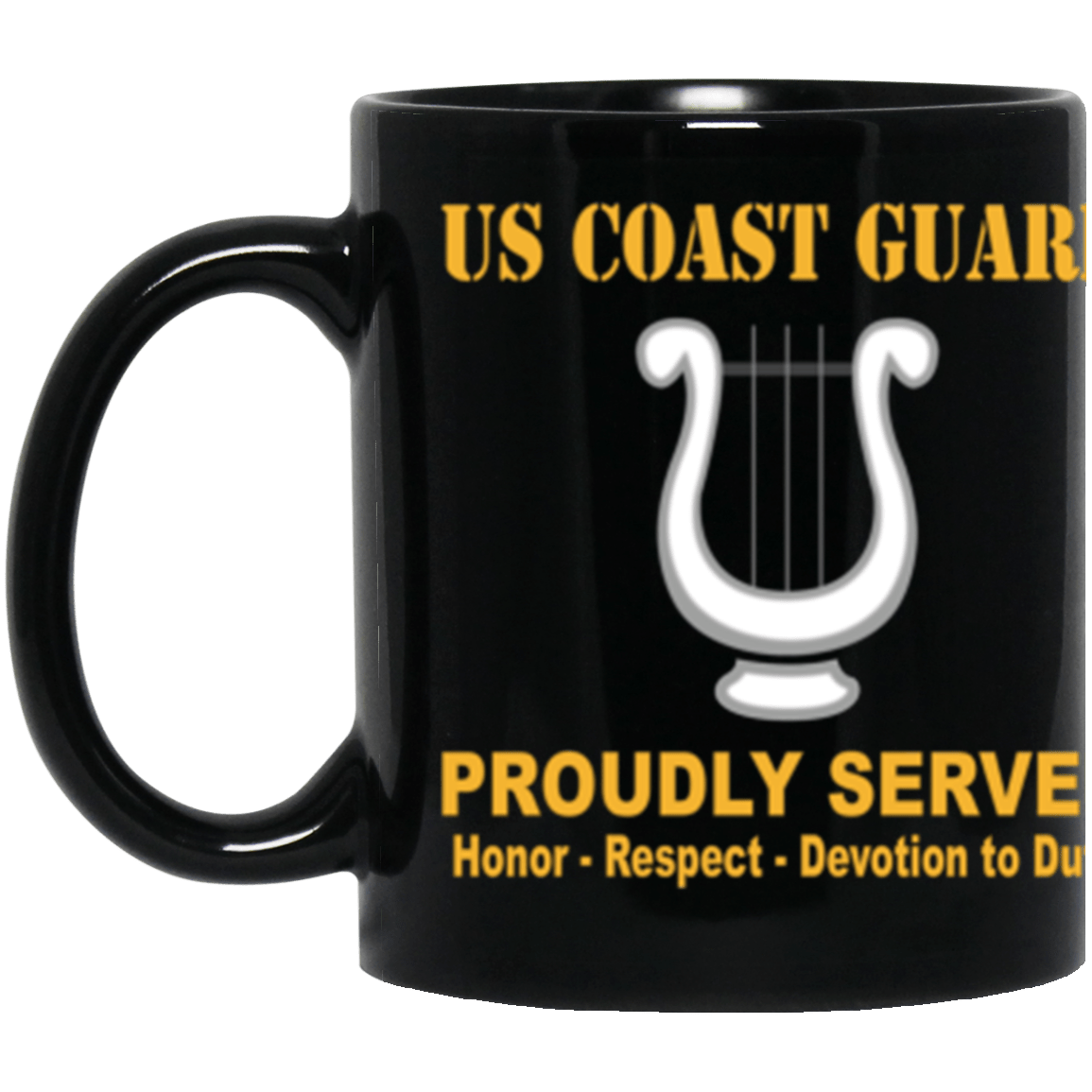 USCG Musician MU Logo Proudly Served Core Values 11 oz. Black Mug-Drinkware-Veterans Nation