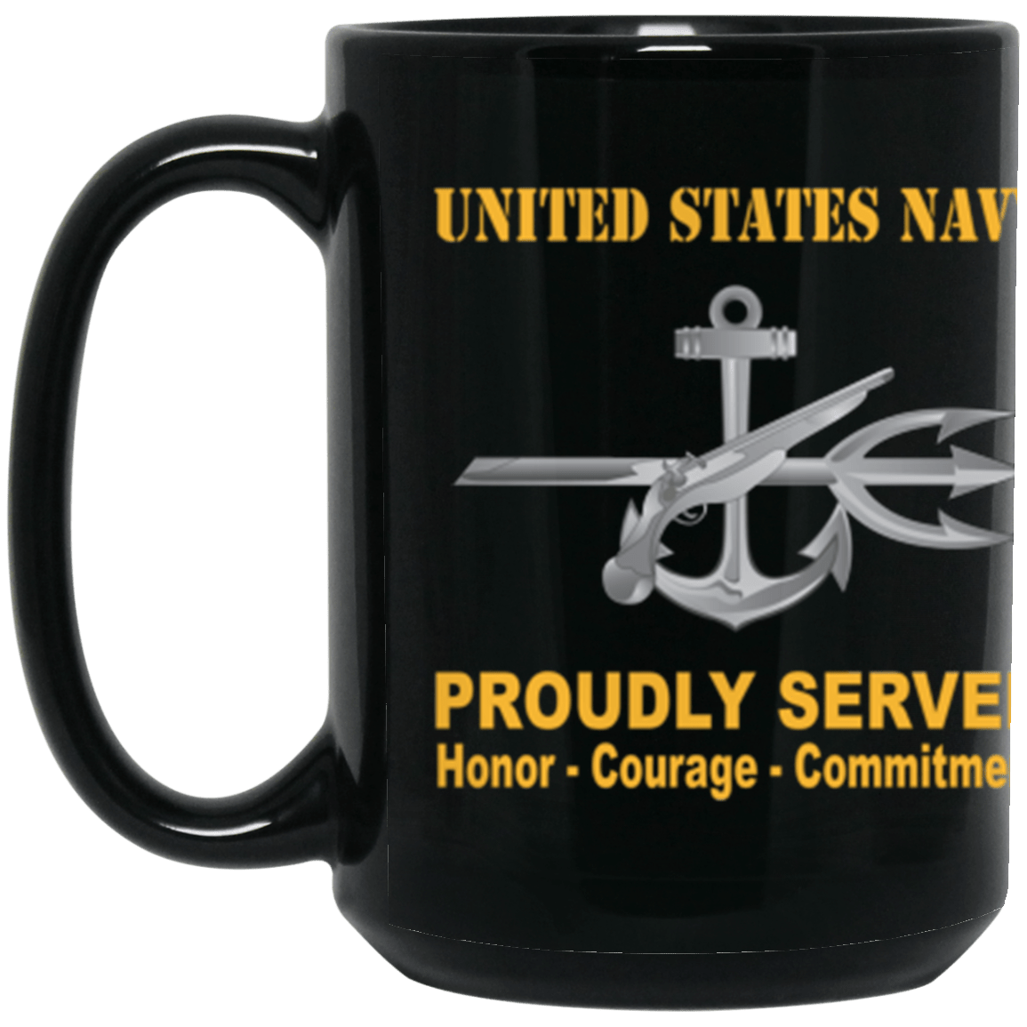US Navy Navy Special Warfare Operator Navy SO Proudly Served Core Values 15 oz. Black Mug-Drinkware-Veterans Nation