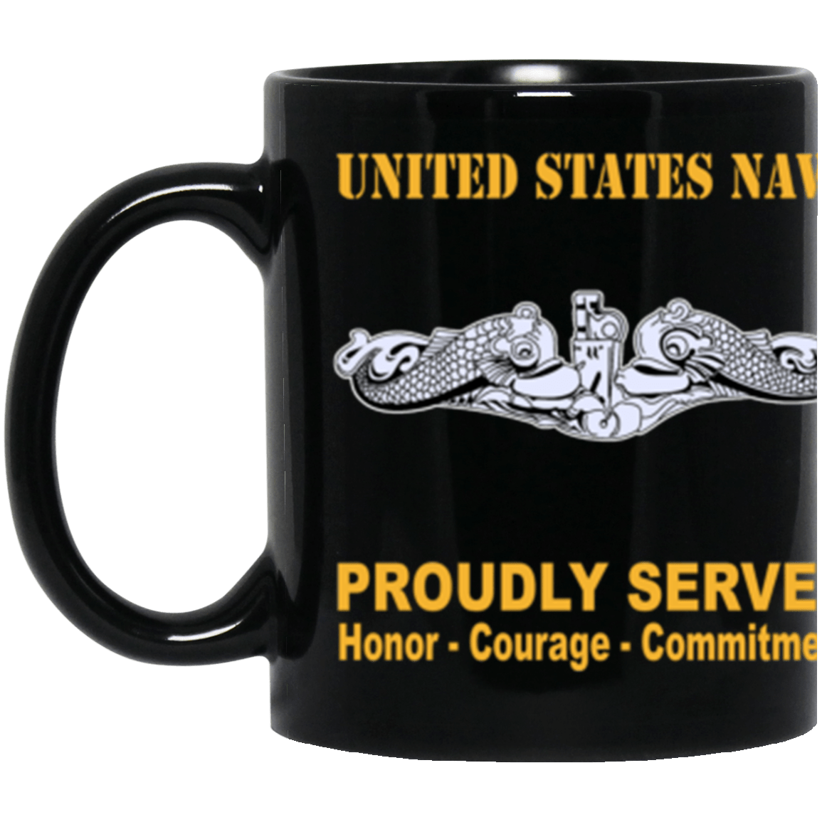 US Navy Submarine Warfare Officer Enlisted Badge Proudly Served Core Values 11 oz. Black Mug-Drinkware-Veterans Nation