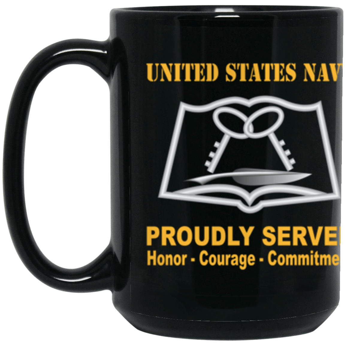 US Navy Navy Culinary Specialist Navy CS Proudly Served Core Values 15 oz. Black Mug-Drinkware-Veterans Nation