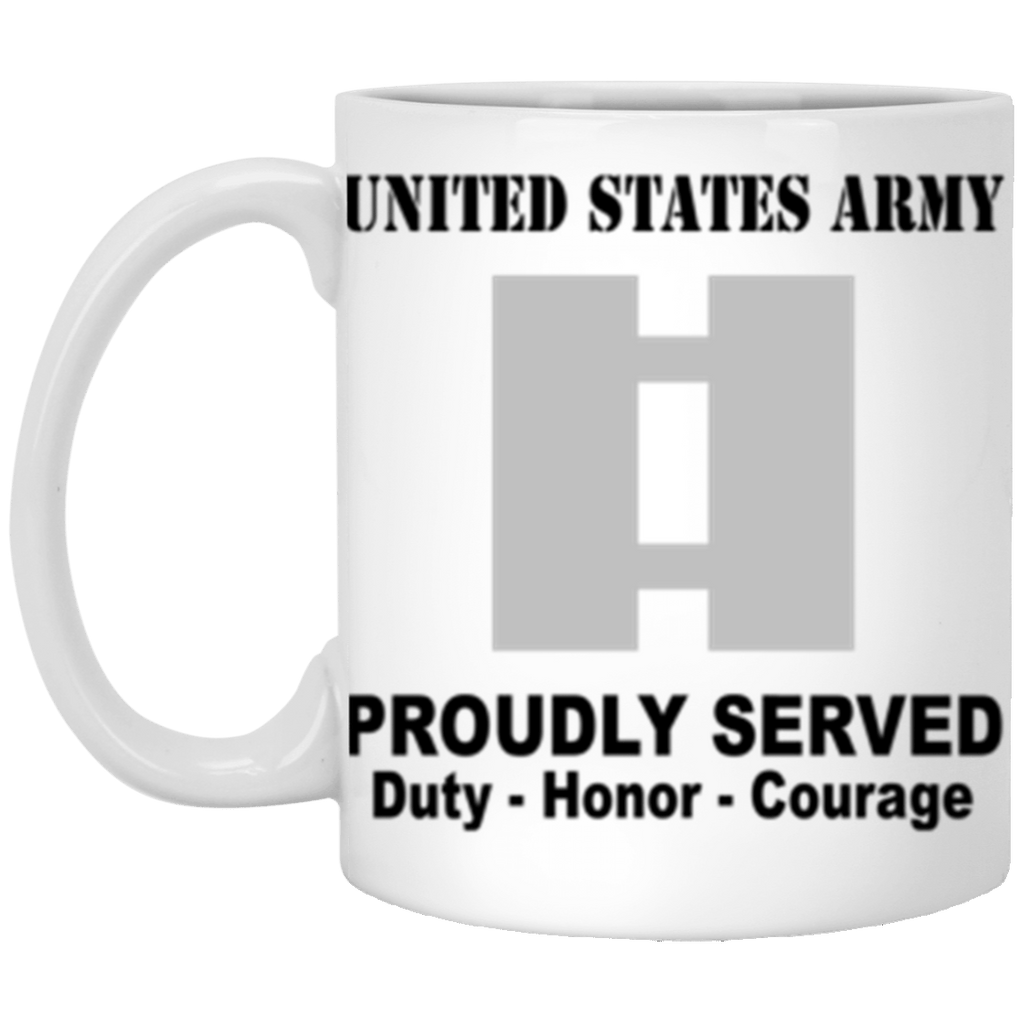 US Army O-3 Captain O3 CPT Commissioned Officer Ranks Proudly Served Core Values 11 oz. White Mug-Drinkware-Veterans Nation