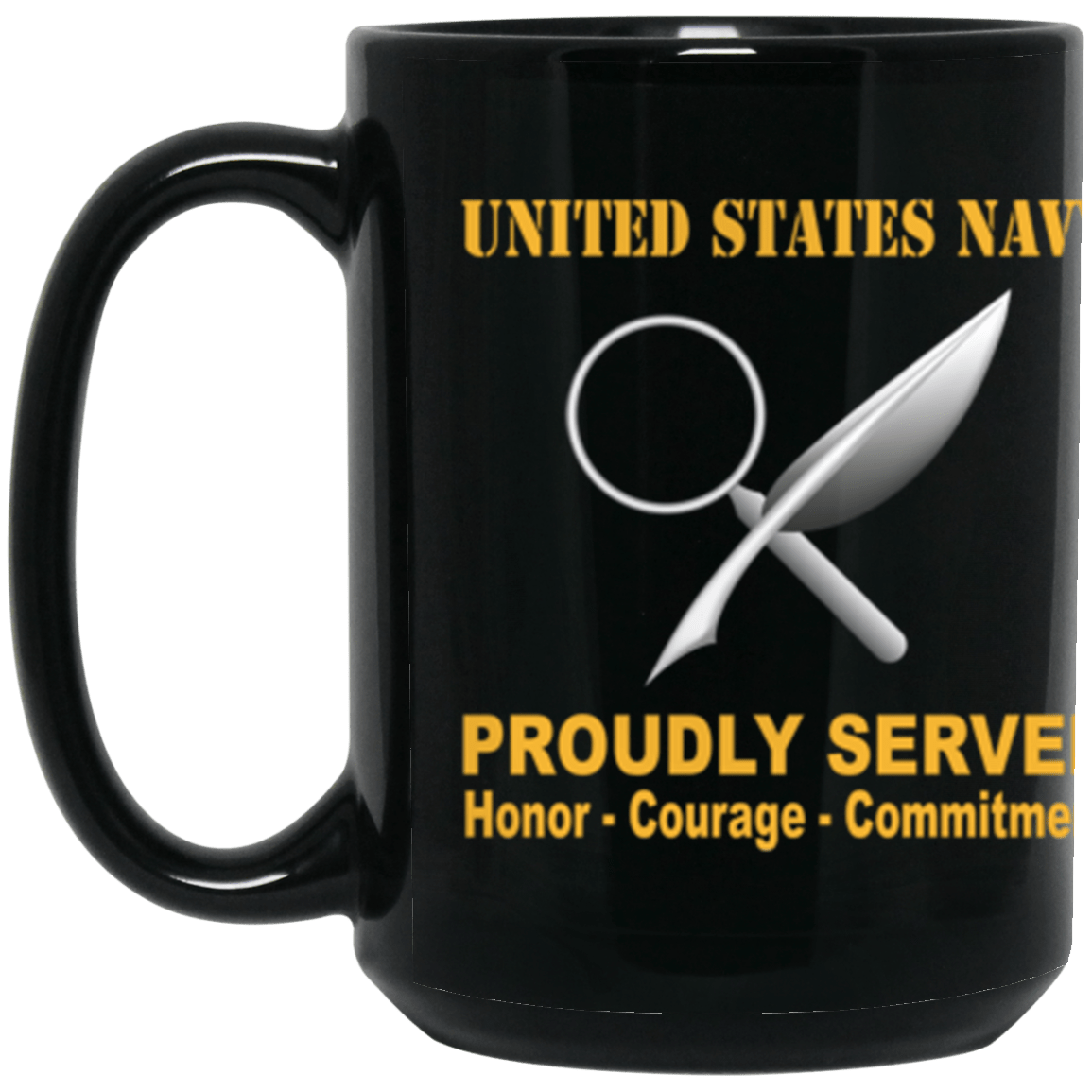 US Navy Navy Intelligence Specialist Navy IS Proudly Served Core Values 15 oz. Black Mug-Drinkware-Veterans Nation